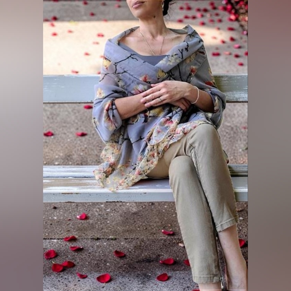 Viscose Scarf Birds On Flowering Tree 38x72in